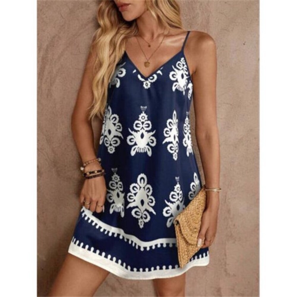 Printed V-Neck Sleeveless Blue Mini Dress New